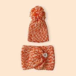 Kid's Beanie and Scarf Set, Girls Pom Pom Hat, Orange and White Infinity Scarf S